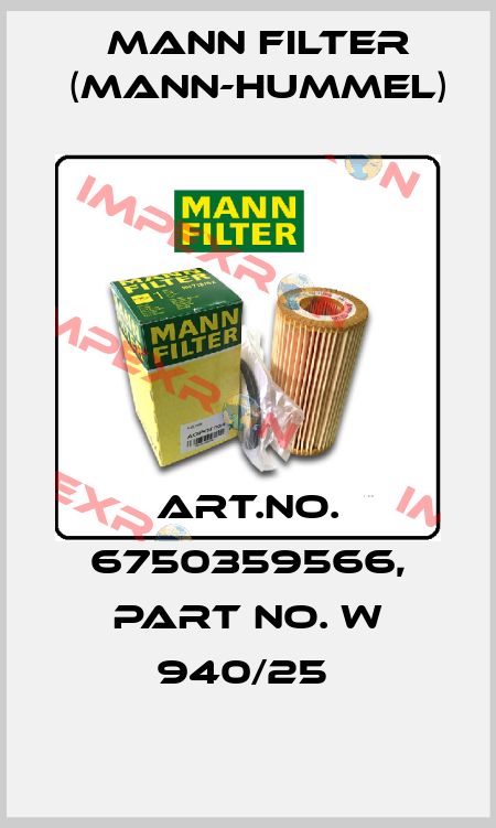 Art.No. 6750359566, Part No. W 940/25  Mann Filter (Mann-Hummel)