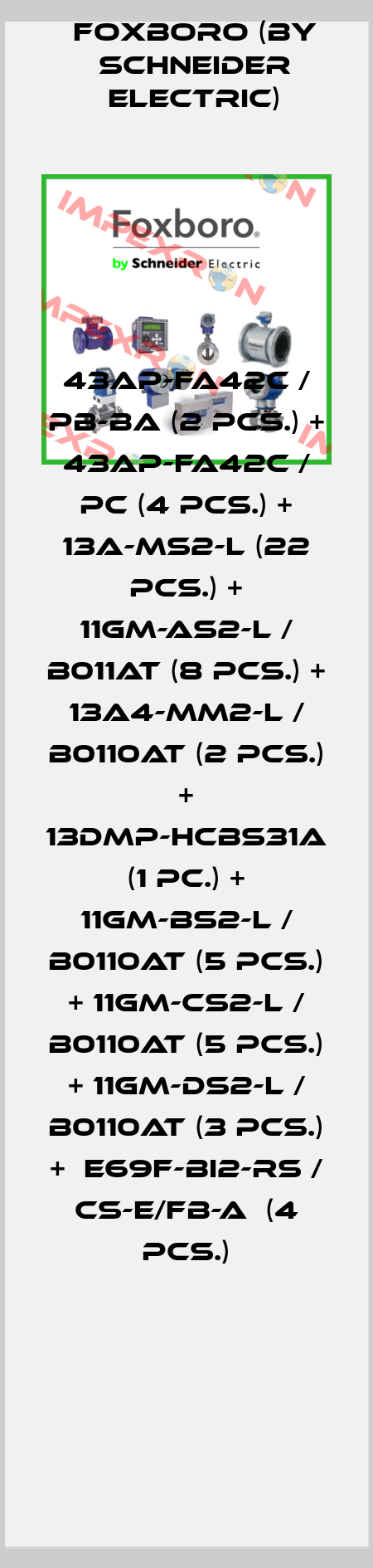 43AP-FA42C / PB-BA (2 pcs.) + 43AP-FA42C / PC (4 pcs.) + 13A-MS2-L (22 pcs.) + 11GM-AS2-L / B011AT (8 pcs.) + 13A4-MM2-L / B0110AT (2 pcs.) + 13DMP-HCBS31A (1 pc.) + 11GM-BS2-L / B0110AT (5 pcs.) + 11GM-CS2-L / B0110AT (5 pcs.) + 11GM-DS2-L / B0110AT (3 pcs.) +  E69F-BI2-RS / CS-E/FB-A  (4 pcs.) Foxboro (by Schneider Electric)