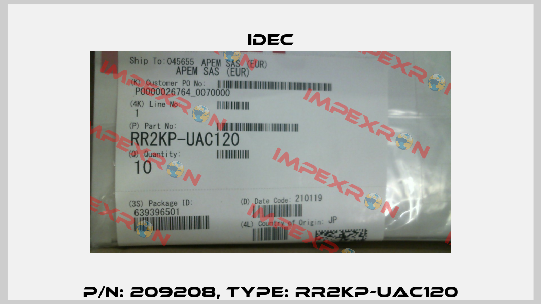 P/N: 209208, Type: RR2KP-UAC120 Idec